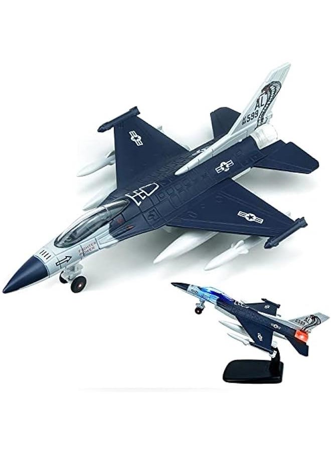 Fighter Jet, Diecast Metal Pull Back Airplane Toy with Flashing Lights and Sounds, Military Plane Model for 3-12 Years Old Boys Birthday Gift (Holder Included)