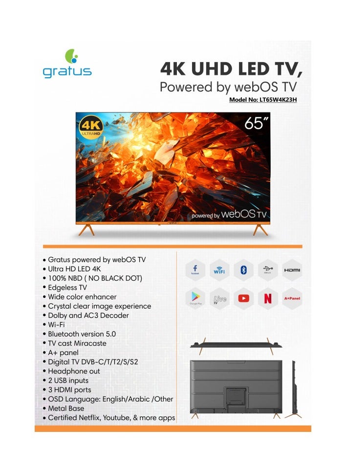 Gratus WebOS powered 4K Edgeless UHD 65 inch LED SMART TV with ThinQ AI