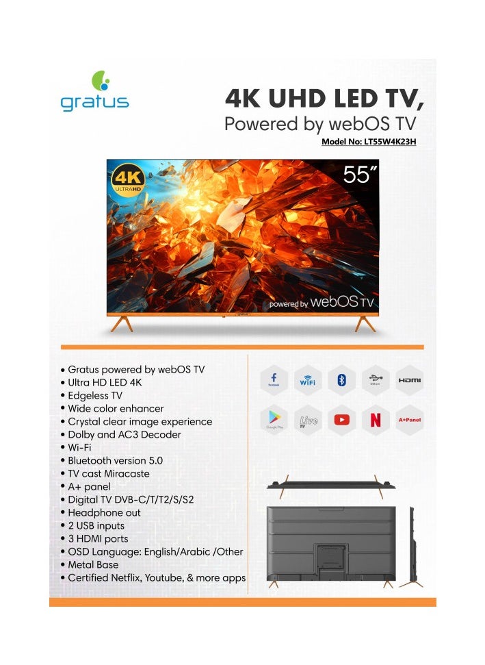 Gratus WebOS powered 4K Edgeless UHD 55 Inch LED SMART TV With ThinQ AI