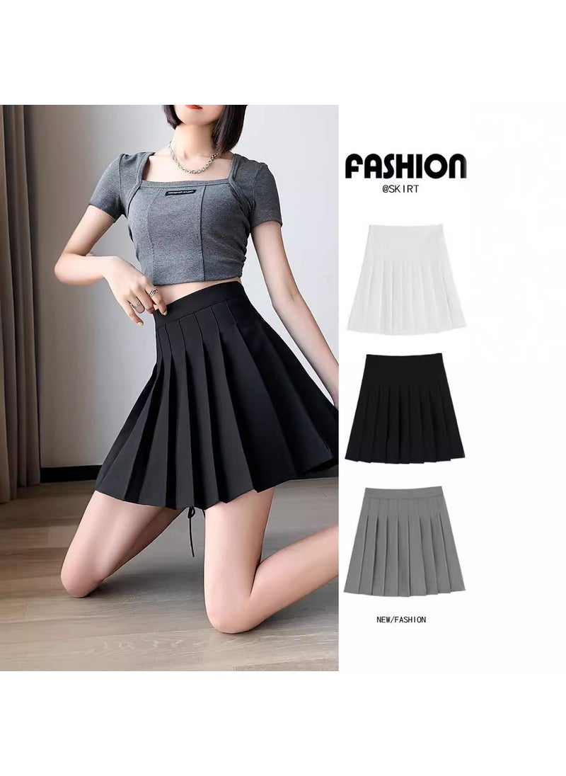 Knit T-Shirt JK Uniform Pleated Skirt Set Dark gray