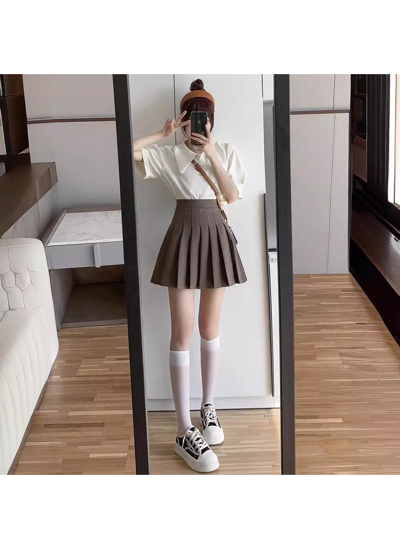 Knit T-Shirt JK Uniform Pleated Skirt Set Dark gray