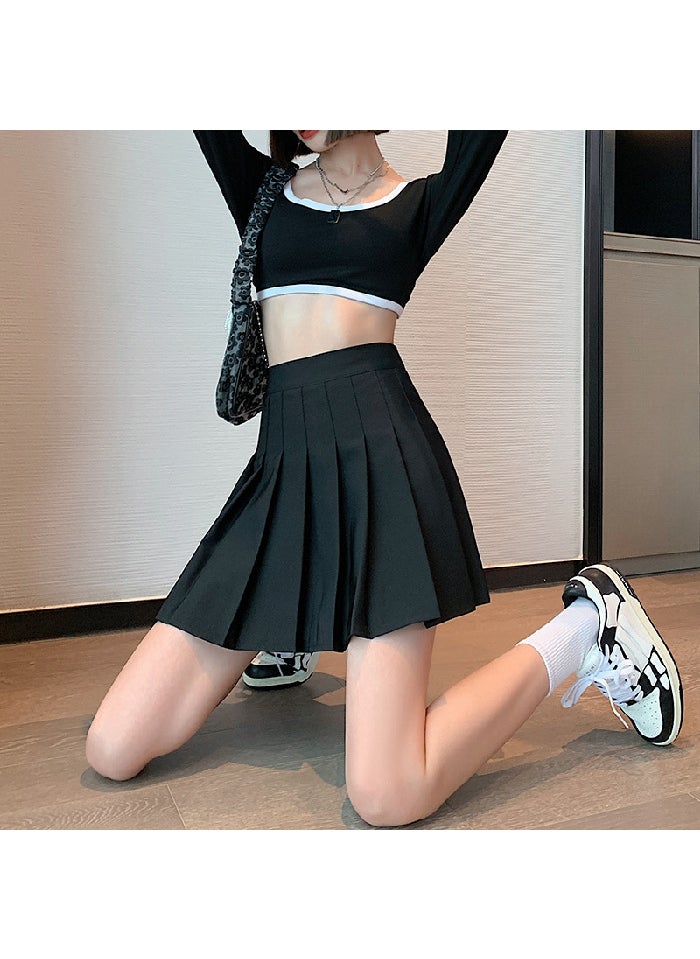 Knit T-Shirt JK Uniform Pleated Skirt Set Black