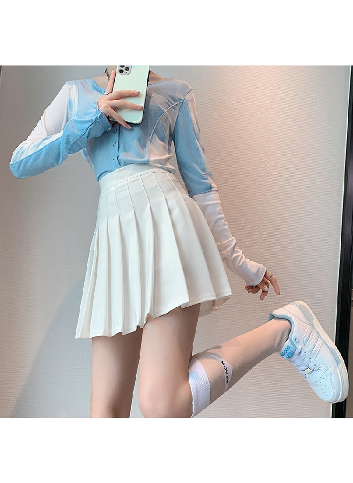 Knit T-Shirt JK Uniform Pleated Skirt Set Grey