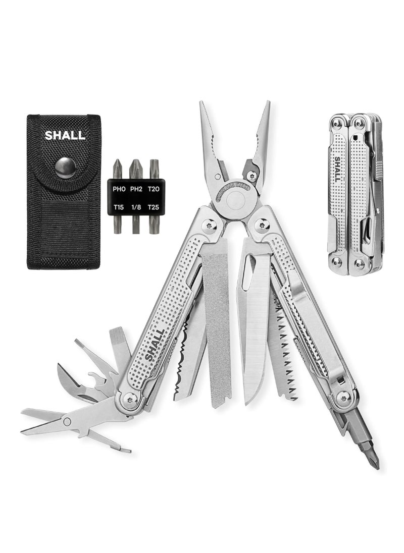 Multi Tool, 18-in-1 Multitool Pliers, Stainless Steel Multi-tool Pocket Knife w/Screwdriver Bit, Self-locking Multipurpose Tool w/Sheath for Camping Fishing Survival Hunting