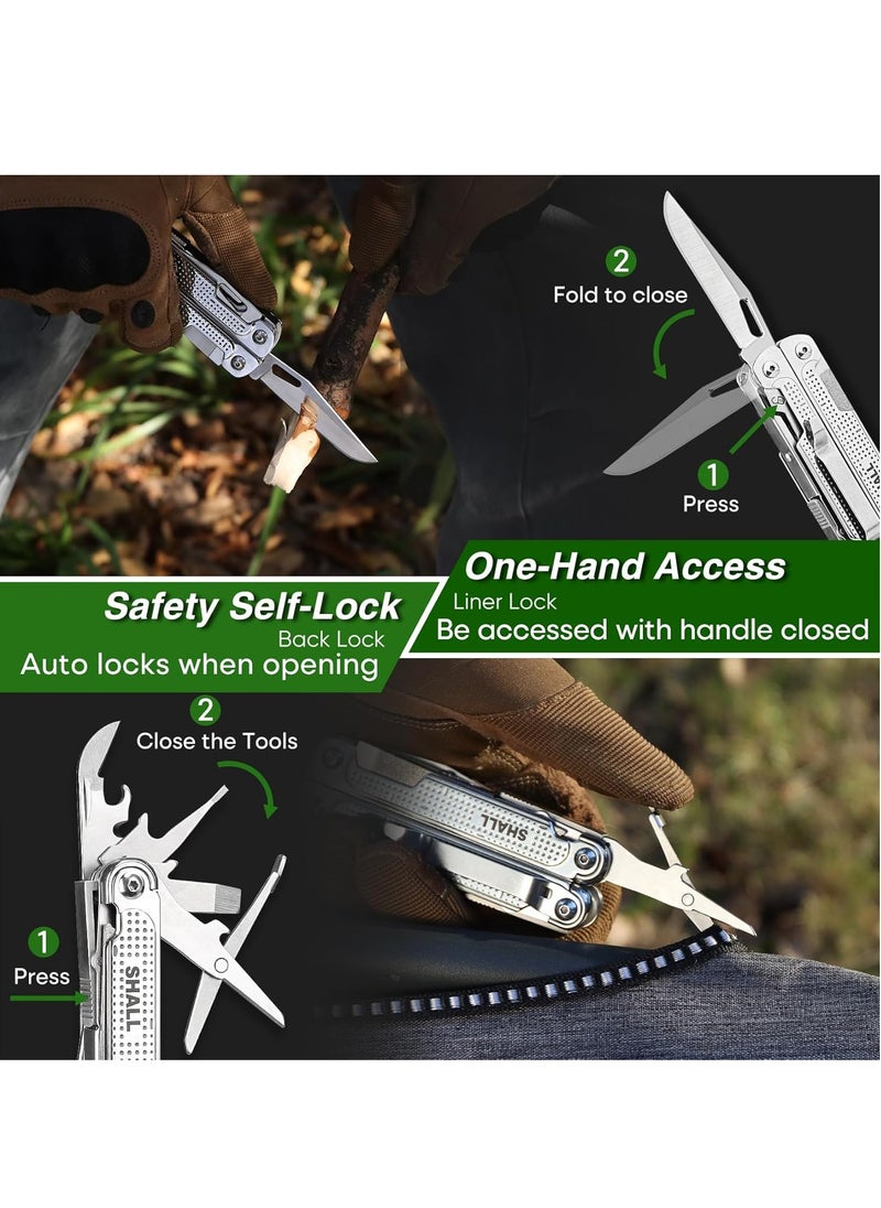 Multi Tool, 18-in-1 Multitool Pliers, Stainless Steel Multi-tool Pocket Knife w/Screwdriver Bit, Self-locking Multipurpose Tool w/Sheath for Camping Fishing Survival Hunting