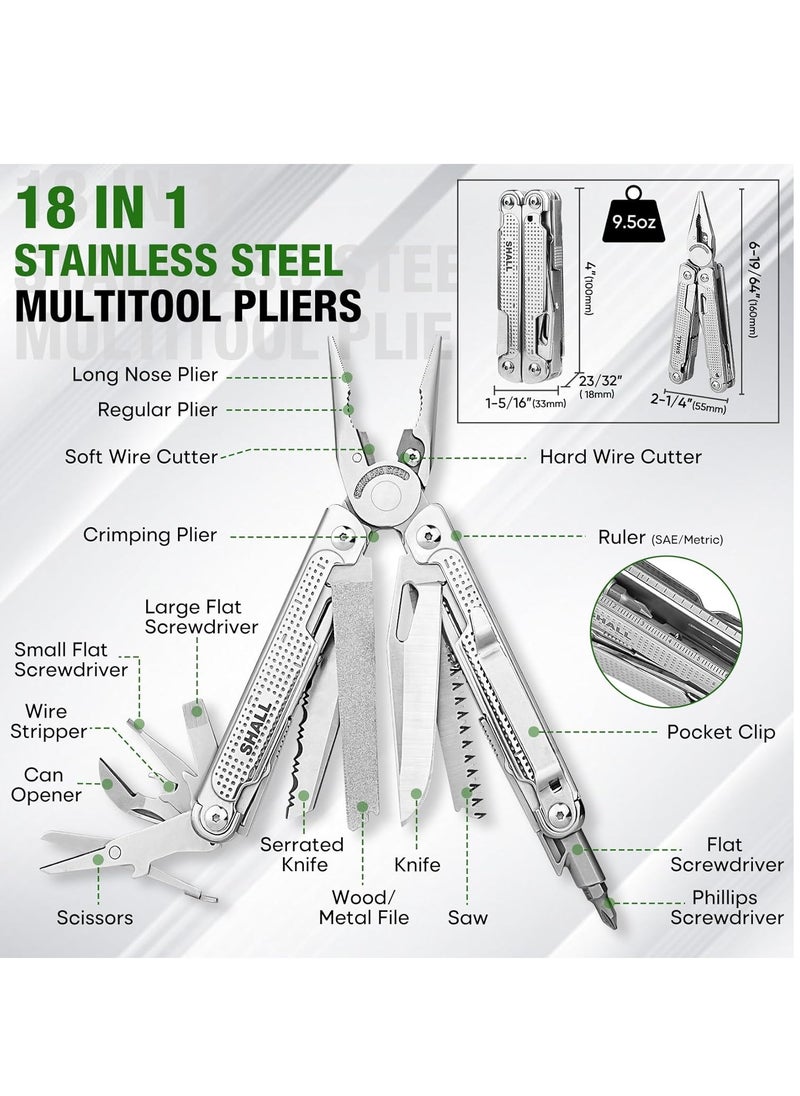 Multi Tool, 18-in-1 Multitool Pliers, Stainless Steel Multi-tool Pocket Knife w/Screwdriver Bit, Self-locking Multipurpose Tool w/Sheath for Camping Fishing Survival Hunting