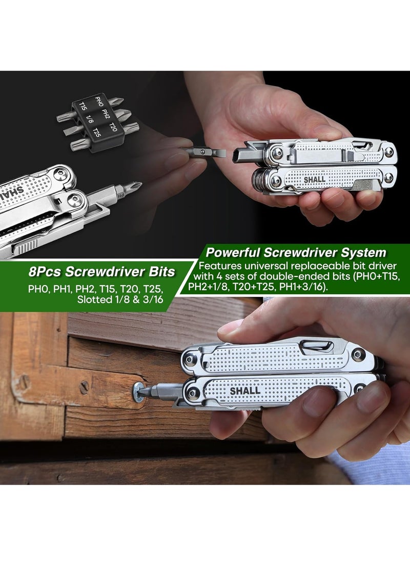 Multi Tool, 18-in-1 Multitool Pliers, Stainless Steel Multi-tool Pocket Knife w/Screwdriver Bit, Self-locking Multipurpose Tool w/Sheath for Camping Fishing Survival Hunting