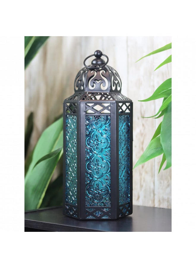 Vela Lanterns Moroccan Lamp Lantern Decorative Candle Holder for Indoor Outdoor Home Decor, Blue Glass, Medium