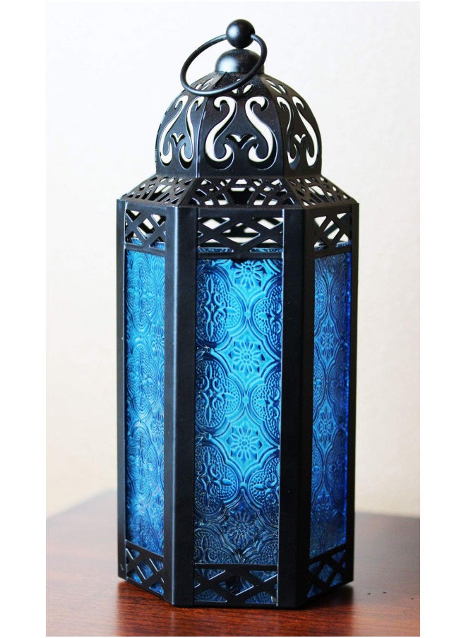 Vela Lanterns Moroccan Lamp Lantern Decorative Candle Holder for Indoor Outdoor Home Decor, Blue Glass, Medium