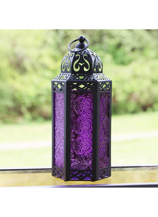 Vela Lanterns Metal Moroccan Decorative LED Fairy Lights Candle Lantern Holders for Home Decor, Purple, Medium