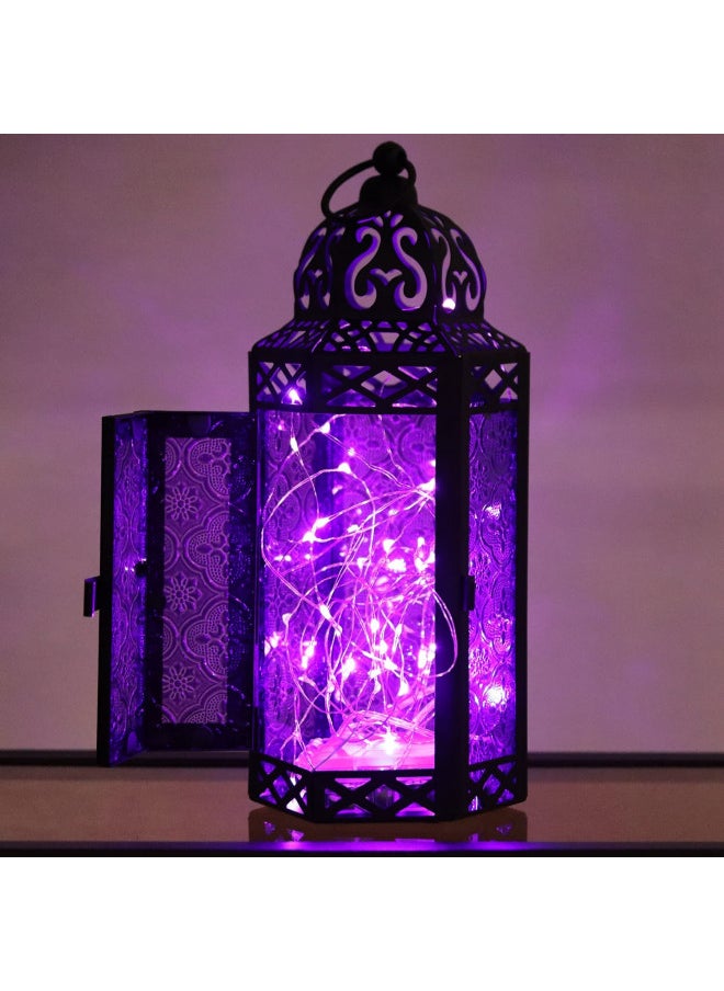 Vela Lanterns Metal Moroccan Decorative LED Fairy Lights Candle Lantern Holders for Home Decor, Purple, Medium