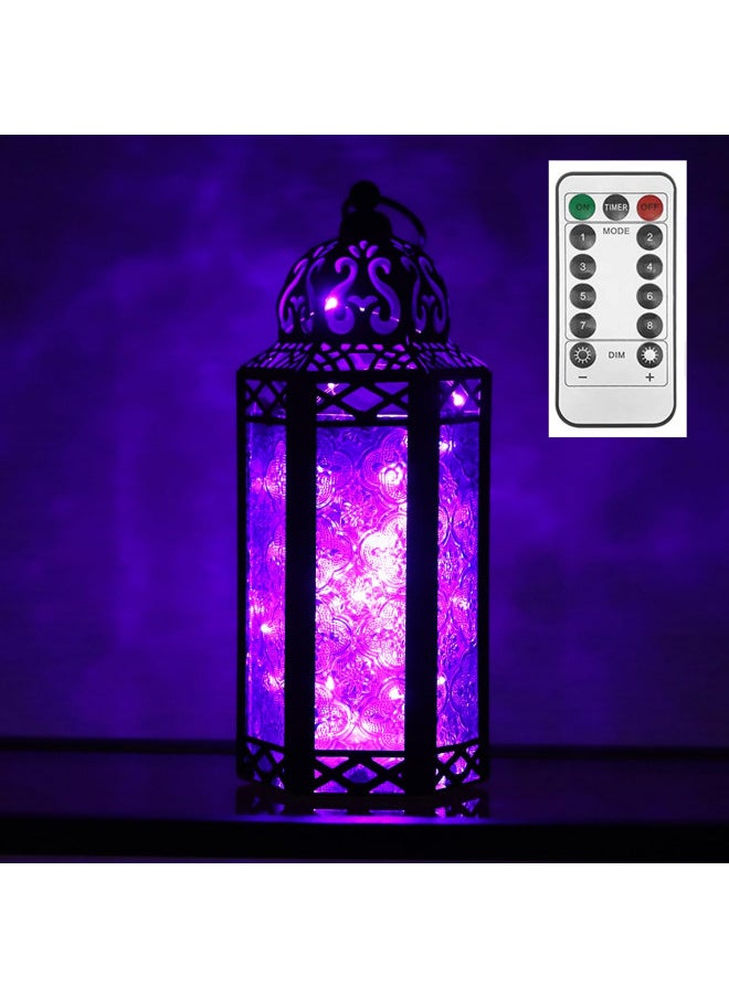 Vela Lanterns Metal Moroccan Decorative LED Fairy Lights Candle Lantern Holders for Home Decor, Purple, Medium