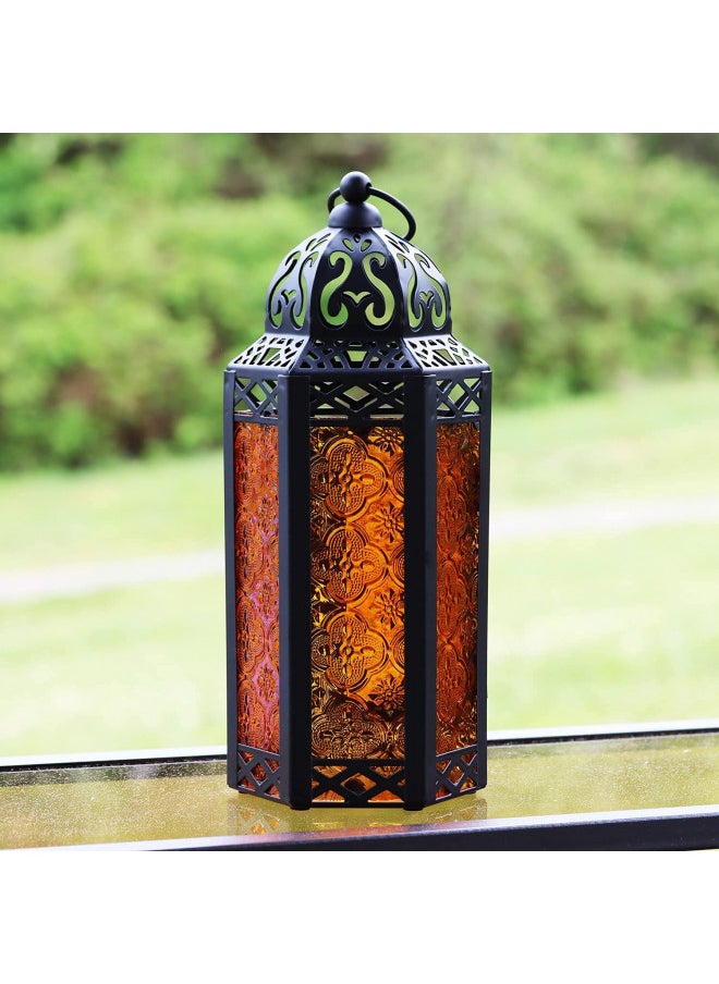 Vela Lanterns Moroccan Lamp Lantern Decorative Candle Holder for Indoor Outdoor Home Decor, Amber Glass, Medium