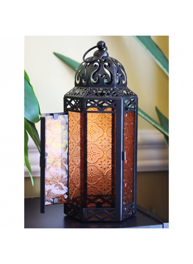 Vela Lanterns Moroccan Lamp Lantern Decorative Candle Holder for Indoor Outdoor Home Decor, Amber Glass, Medium