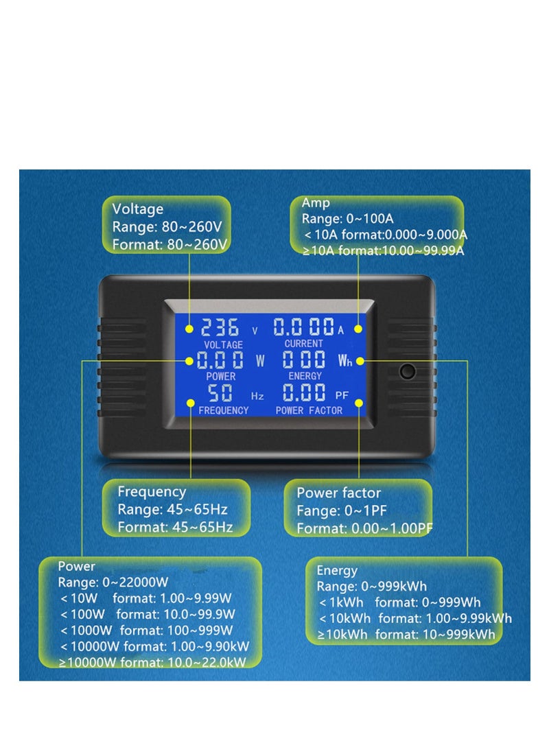 AC Power Meter, 80-260V 100A Voltage Current Color LCD Display Panel, Current Voltage Amperage Energy Meter Monitor, Digital Ammeter Voltmeter with Split Core Current Transformer CT, AC 100A Meter