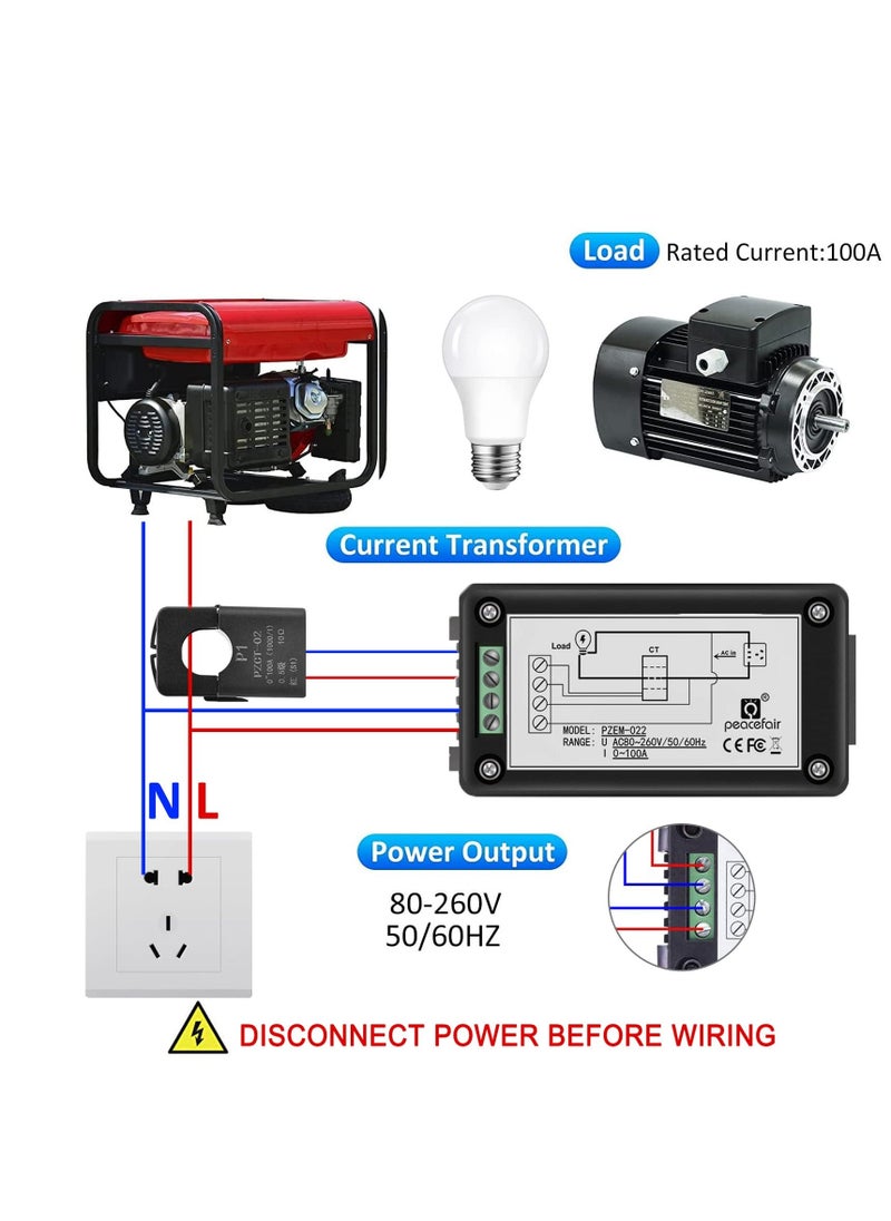 AC Power Meter, 80-260V 100A Voltage Current Color LCD Display Panel, Current Voltage Amperage Energy Meter Monitor, Digital Ammeter Voltmeter with Split Core Current Transformer CT, AC 100A Meter