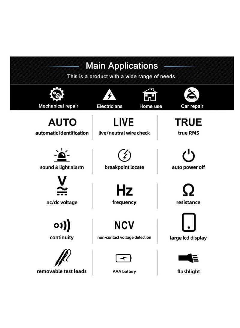 Automatic Anti-Burn Intelligent Digital Multimeter Zero and Fire Wires Tester Non Voltage Detector Fast Accurately Measures Voltage Current Conductor On/Off Color Ring Resistance