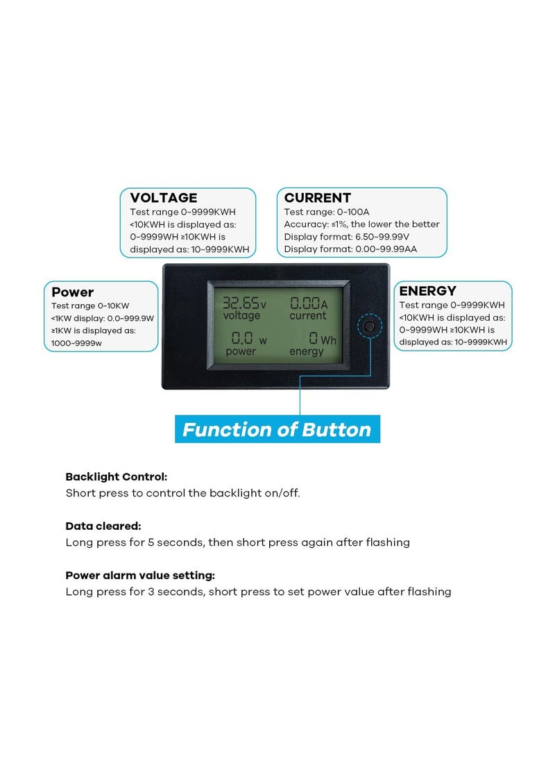 Digital Ammeter Voltmeter, DC 6.5-100V 0-100A LCD Display Digital Power Monitoring Meter, Voltage Current Power Energy Meter, Ammeter Voltmeter Multimeter with 100A Current Shunt