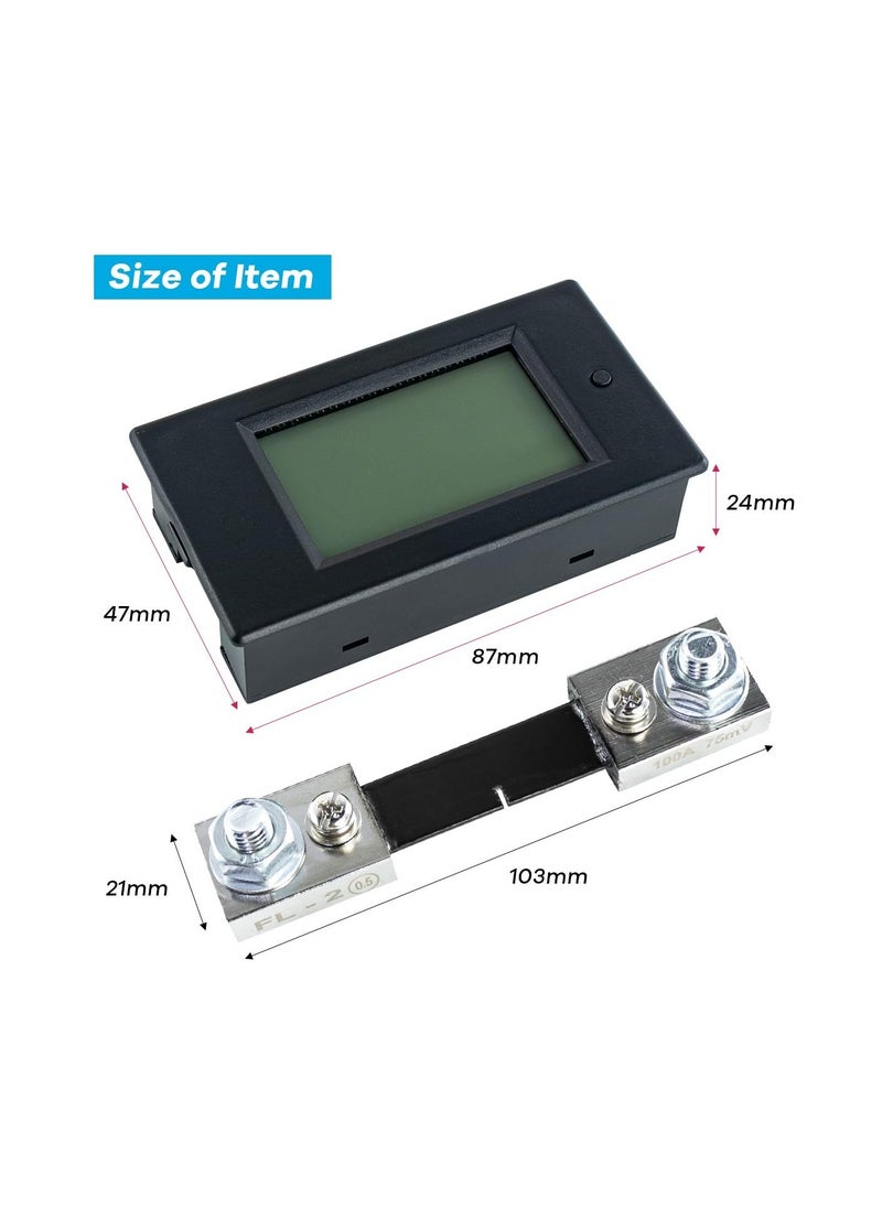 Digital Ammeter Voltmeter, DC 6.5-100V 0-100A LCD Display Digital Power Monitoring Meter, Voltage Current Power Energy Meter, Ammeter Voltmeter Multimeter with 100A Current Shunt