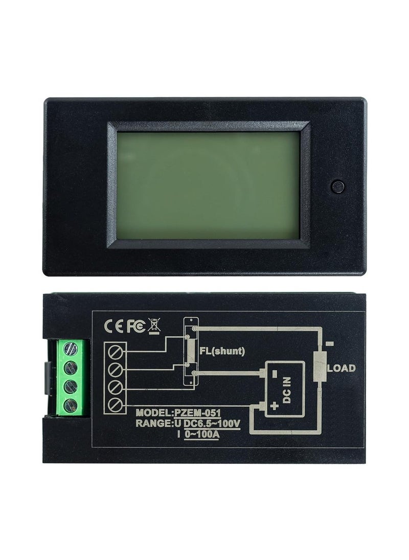 Digital Ammeter Voltmeter, DC 6.5-100V 0-100A LCD Display Digital Power Monitoring Meter, Voltage Current Power Energy Meter, Ammeter Voltmeter Multimeter with 100A Current Shunt