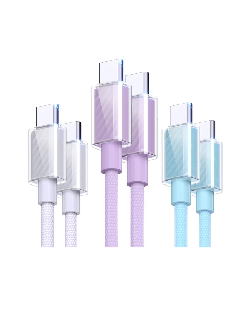 USB C Cable 60W, 3 Pack Fast Charging Lower Temp USB C to USB C Cable, Type C to Type C Charger Braided USB Cable for iPhone 15/15 Pro Max, MacBook, iPad, Samsung Galaxy S23, Blue, White, Purple