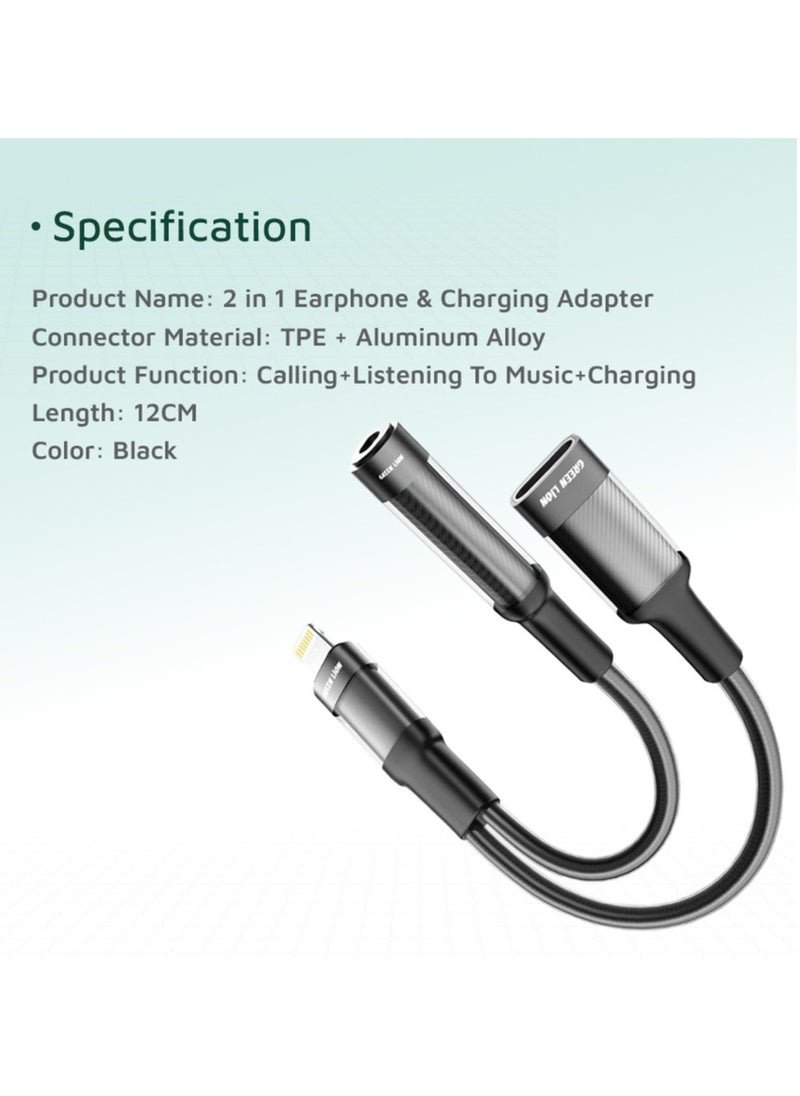 2 in 1 Earphone & Charging Adapter Lightning to Lightning + 3.5 (Audio) 12CM - Black