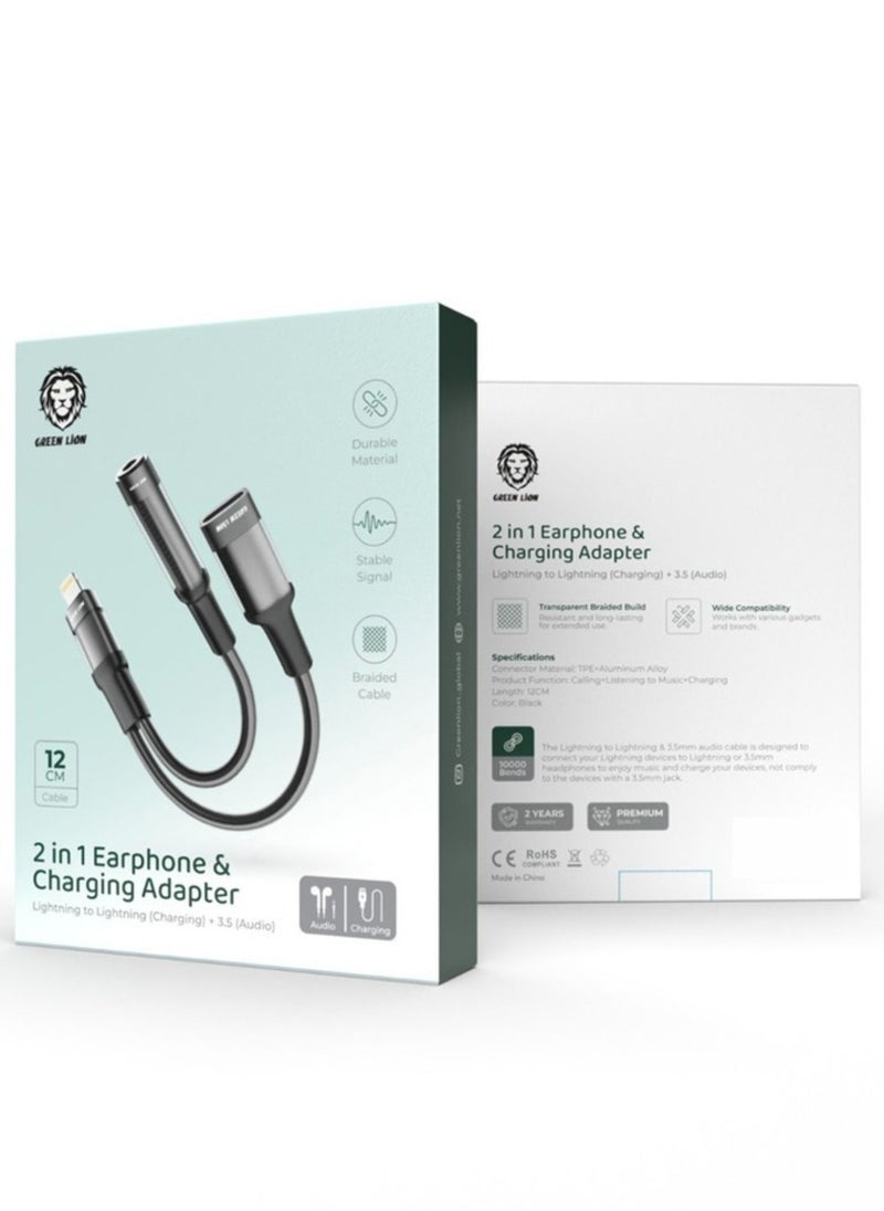 2 in 1 Earphone & Charging Adapter Lightning to Lightning + 3.5 (Audio) 12CM - Black