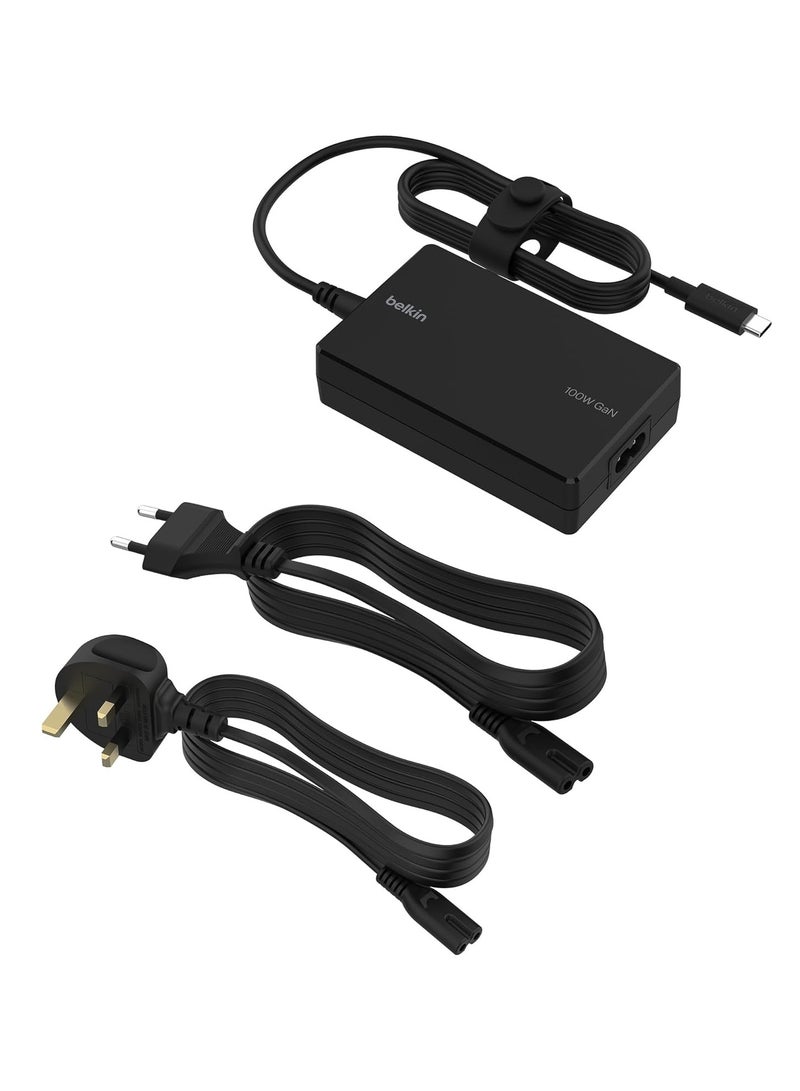 Connect 100W USB-C Core GaN Power Adapter, Fast-Charging Adapter with Universal USB-C Compatibility, 100W Power Delivery, UK and EU Power Cords for Gaming, MacBook, PC Laptops, And Chromebook Black