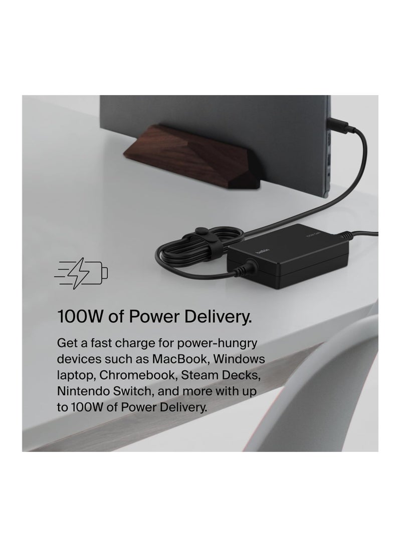 Connect 100W USB-C Core GaN Power Adapter, Fast-Charging Adapter with Universal USB-C Compatibility, 100W Power Delivery, UK and EU Power Cords for Gaming, MacBook, PC Laptops, And Chromebook Black