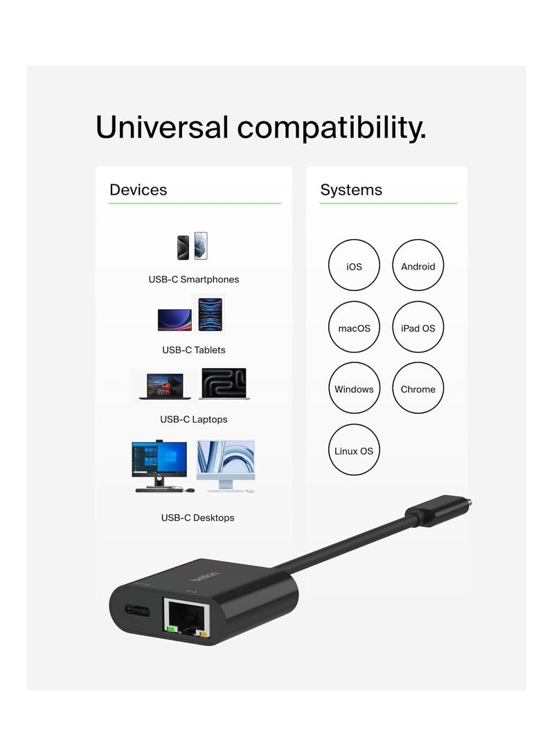 Connect USB-C to Ethernet + Charge Adapter 100W w/ Gigabit Ethernet Port and USB-C Port - [10/100/1000] Mbps for Fast Internet Connection - Compatible with iPhone 16, 15, Galaxy S24 And More Black