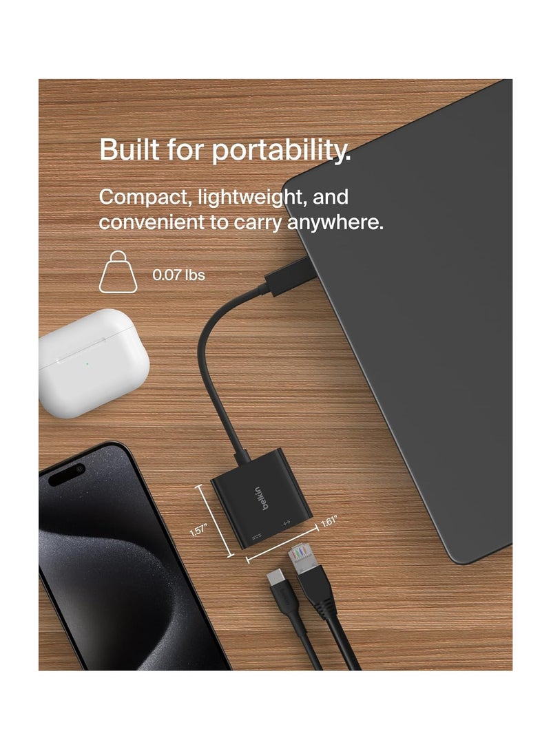 Connect USB-C to Ethernet + Charge Adapter 100W w/ Gigabit Ethernet Port and USB-C Port - [10/100/1000] Mbps for Fast Internet Connection - Compatible with iPhone 16, 15, Galaxy S24 And More Black