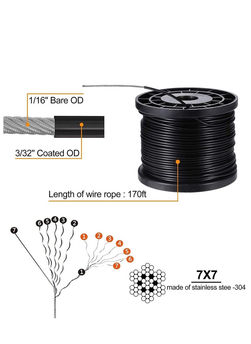 String Light Hanging Kit with 170ft Coated Stainless Steel 304 Tension Wire Rope Outdoor Guide kit Lights Suspension