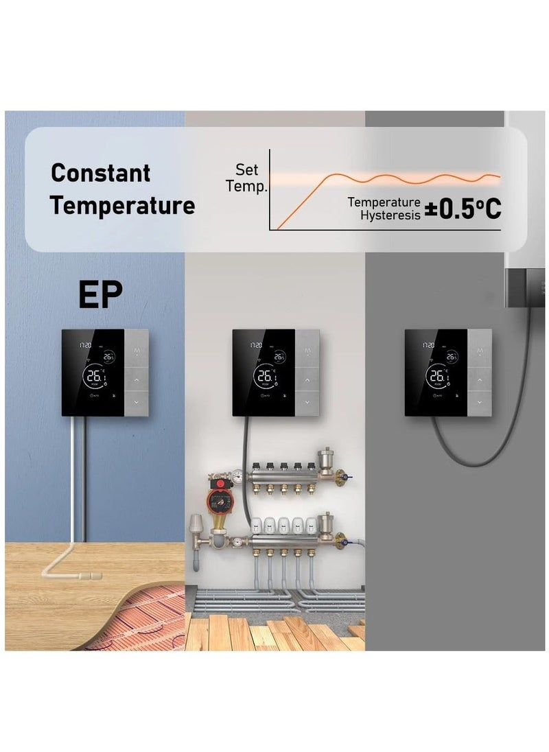 Smart Tuya WiFi Thermostat Voice Control Digital Programmable LCD Display Touchscreen Underfloor Heating Temperature Controller Digital Intelligent Wall Thermostat for Electric Heating Compatible