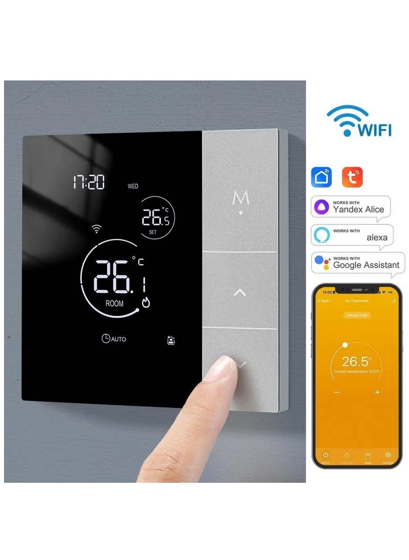 Smart Tuya WiFi Thermostat Voice Control Digital Programmable LCD Display Touchscreen Underfloor Heating Temperature Controller Digital Intelligent Wall Thermostat for Electric Heating Compatible