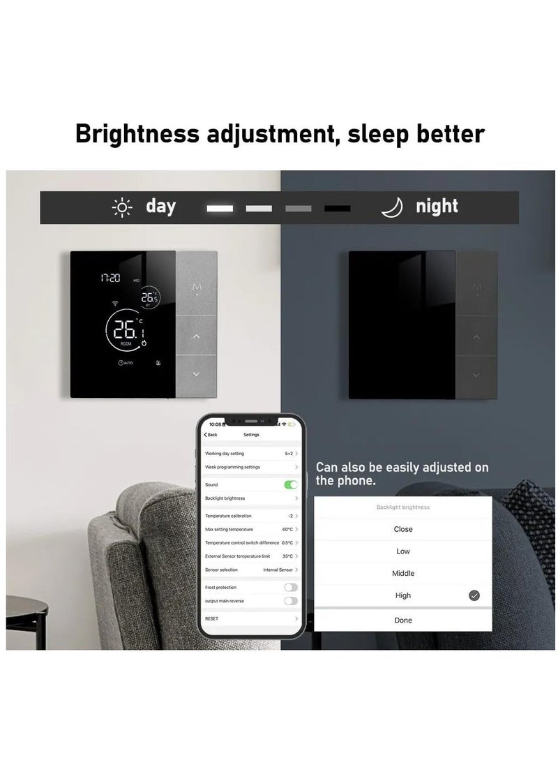 Smart Tuya WiFi Thermostat Voice Control Digital Programmable LCD Display Touchscreen Underfloor Heating Temperature Controller Digital Intelligent Wall Thermostat for Electric Heating Compatible