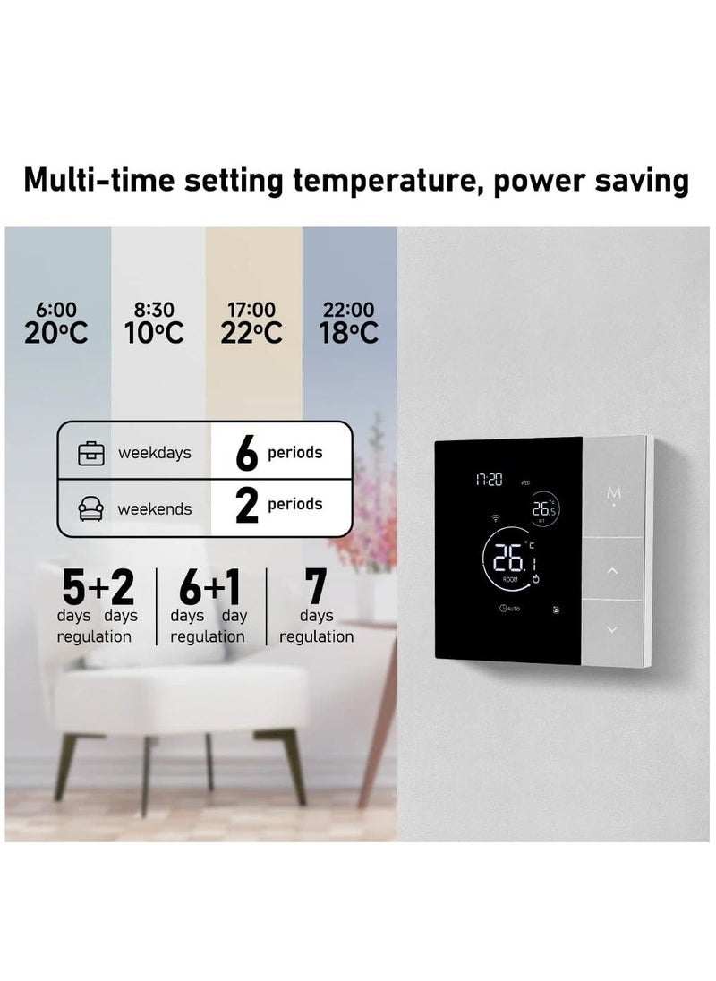 Smart Tuya WiFi Thermostat Voice Control Digital Programmable LCD Display Touchscreen Underfloor Heating Temperature Controller Digital Intelligent Wall Thermostat for Electric Heating Compatible