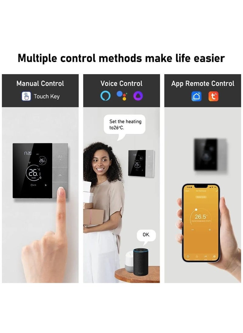 Smart Tuya WiFi Thermostat Voice Control Digital Programmable LCD Display Touchscreen Underfloor Heating Temperature Controller Digital Intelligent Wall Thermostat for Electric Heating Compatible