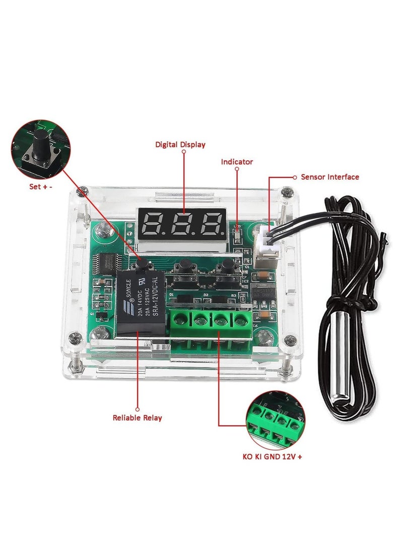 W1209 DC 12V Digital Temperature Controller, Board Red Digital Display Thermostat -50-110°C Electronic Temperature Temp Control Module Switch with Waterproof Case