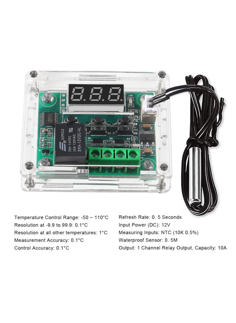 W1209 DC 12V Digital Temperature Controller, Board Red Digital Display Thermostat -50-110°C Electronic Temperature Temp Control Module Switch with Waterproof Case