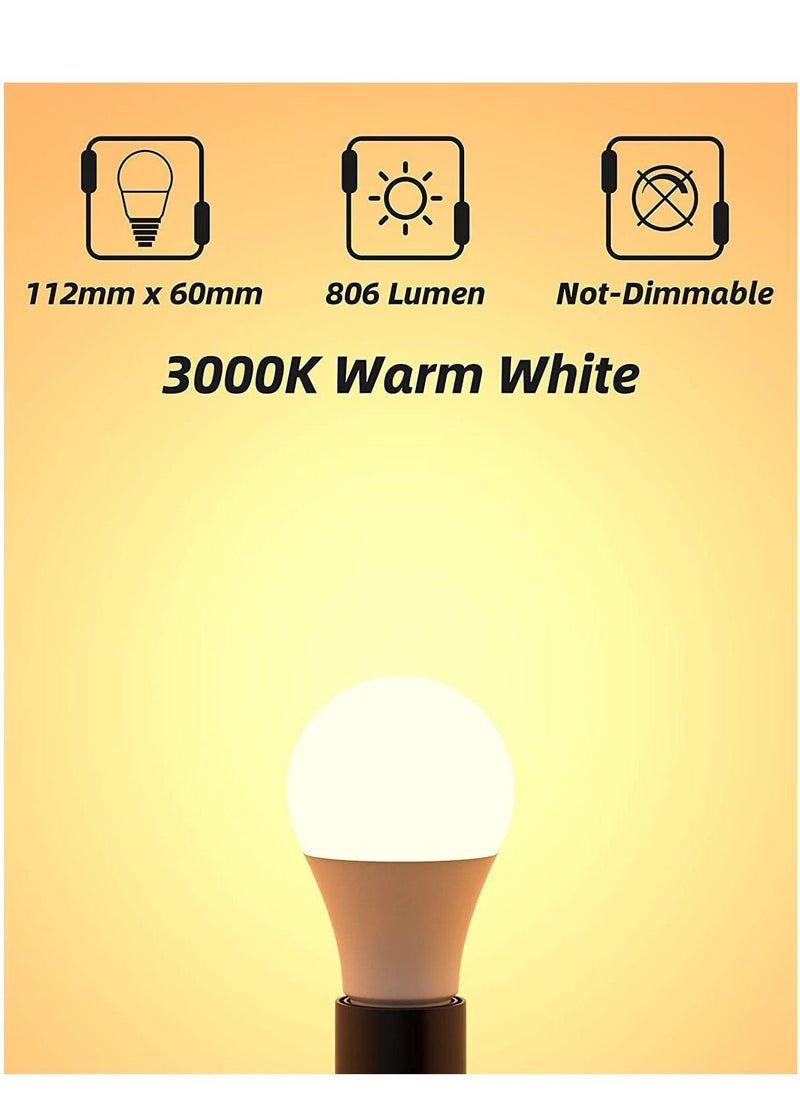 LED Light Bulbs 60 Watt Equivalent, 9W Daylight White 3000K Non-Dimmable, A19 E27 Standard Medium Base, 25000 Hour Lifetime, 806 Lumen, Pack of 3, Warm White