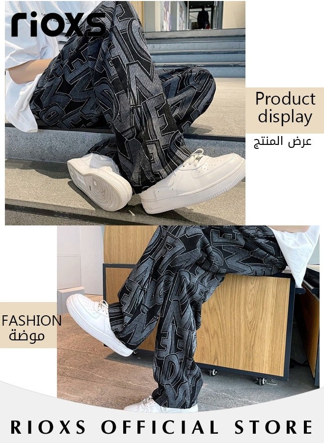 Men's Casual Pants,Printed Wide Leg Trousers For Men,Drawstring Elastic High Waist Pants,Streetwear Mopping Trousers,Loose Breathable Pants with Pockets