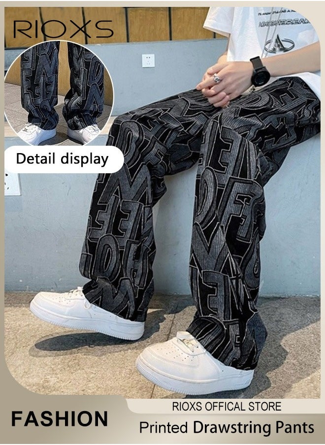 Men's Casual Pants,Printed Wide Leg Trousers For Men,Drawstring Elastic High Waist Pants,Streetwear Mopping Trousers,Loose Breathable Pants with Pockets