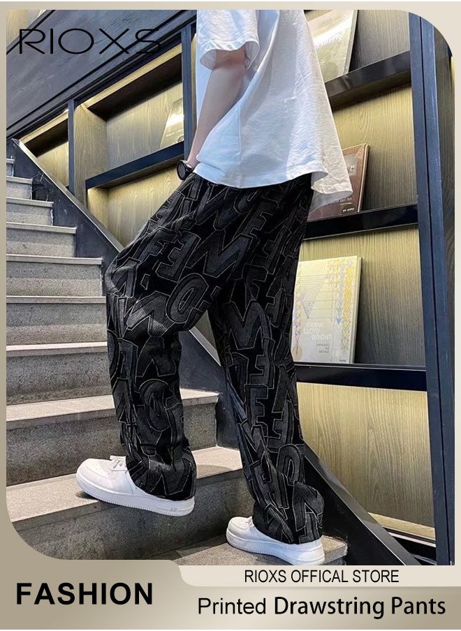 Men's Casual Pants,Printed Wide Leg Trousers For Men,Drawstring Elastic High Waist Pants,Streetwear Mopping Trousers,Loose Breathable Pants with Pockets