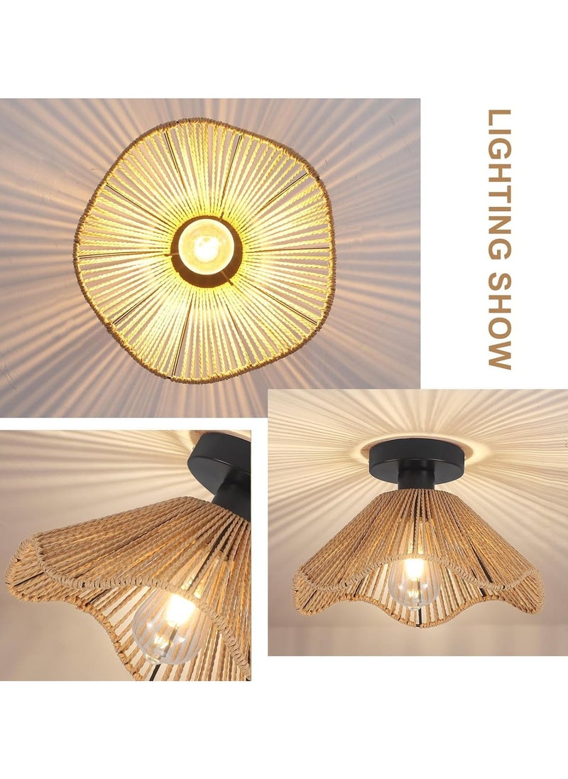 Boho Rattan Ceiling Light, 30.5cm Vintage Rattan Ceiling Lamp Fixture with Handwoven Shade, E27 60W Chandelier for Dining Room, Bedroom, Hallway