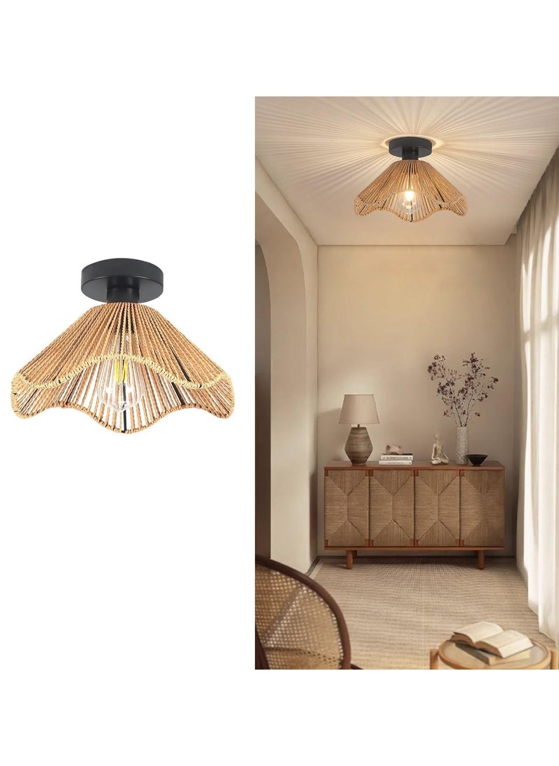 Boho Rattan Ceiling Light, 30.5cm Vintage Rattan Ceiling Lamp Fixture with Handwoven Shade, E27 60W Chandelier for Dining Room, Bedroom, Hallway