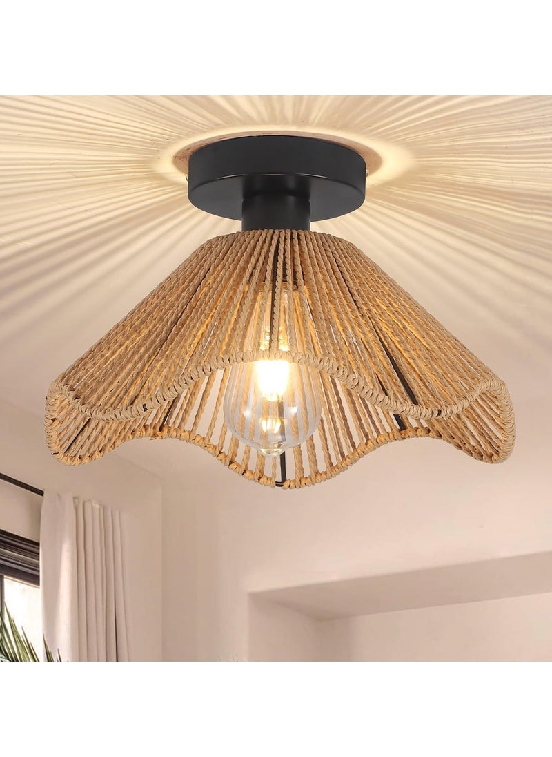 Boho Rattan Ceiling Light, 30.5cm Vintage Rattan Ceiling Lamp Fixture with Handwoven Shade, E27 60W Chandelier for Dining Room, Bedroom, Hallway