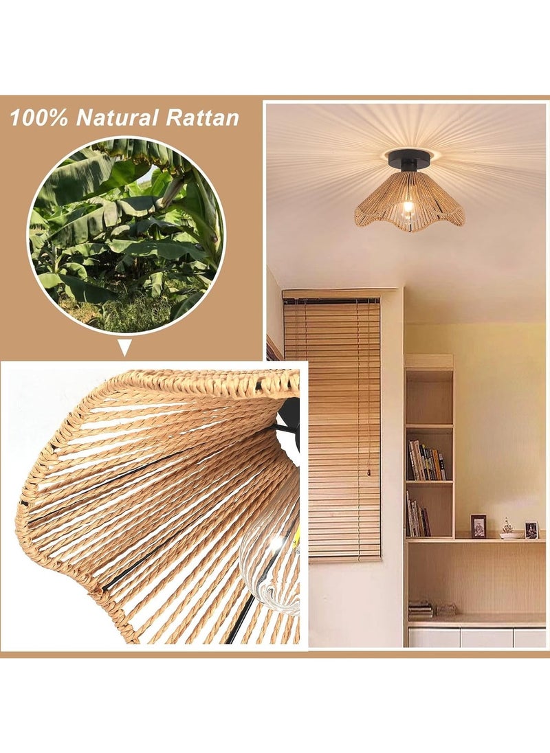 Boho Rattan Ceiling Light, 30.5cm Vintage Rattan Ceiling Lamp Fixture with Handwoven Shade, E27 60W Chandelier for Dining Room, Bedroom, Hallway