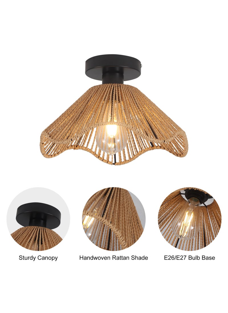 Boho Rattan Ceiling Light, 30.5cm Vintage Rattan Ceiling Lamp Fixture with Handwoven Shade, E27 60W Chandelier for Dining Room, Bedroom, Hallway