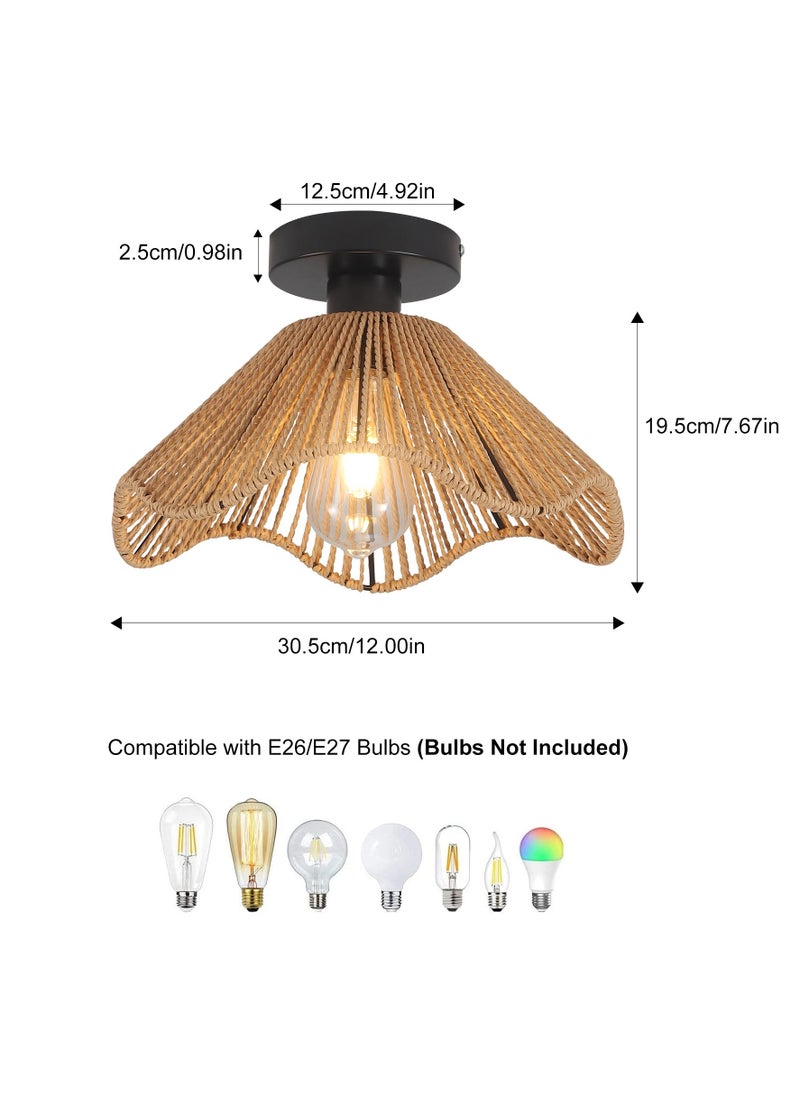 Boho Rattan Ceiling Light, 30.5cm Vintage Rattan Ceiling Lamp Fixture with Handwoven Shade, E27 60W Chandelier for Dining Room, Bedroom, Hallway