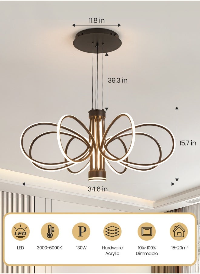 Modern LED Chandelier, 130W Adjustable Height Chandelier with Remote Control, Dimmable Light, 34.6in Length, Three Color Temperatures (3000K-6000K), Ideal for Living & Dining Rooms, 15-20m² Spaces